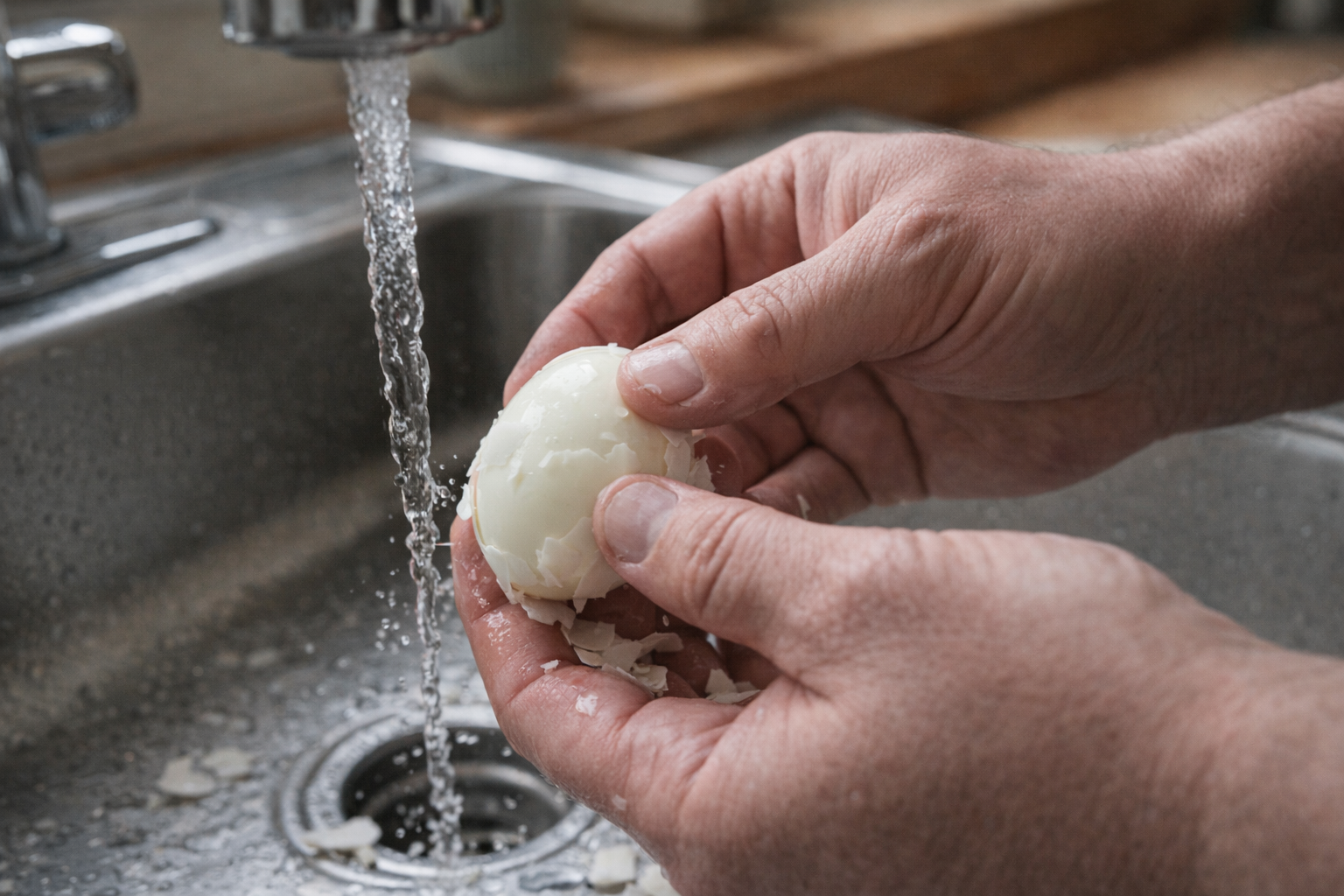 A close-up shot of hands peeling a hard-boiled egg under cold running water in a stainless steel sink.